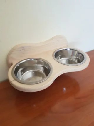 Comedero doble para mascotas madera y acero