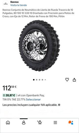 Rueda trasera pit bike / Minicross 80/100-10 NUEVA
