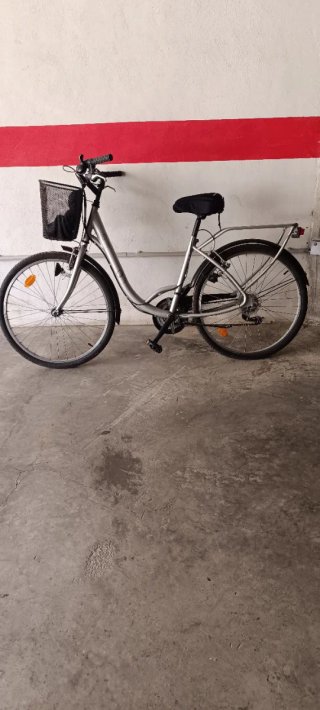 Bicicleta de mujer plateada con cesta