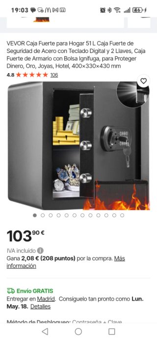 Caja fuerte vevor 51 L medidas 400X330X430