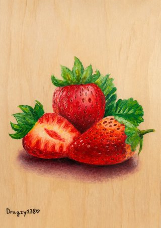 Pintura acrílica de fresas sobre madera