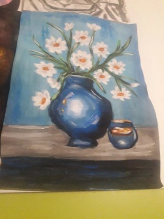Hoja pintada a mano: Jarrón con flores.