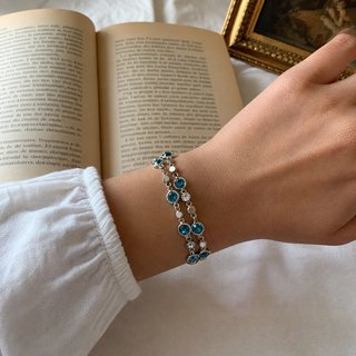 Pulsera Plata Cristales Azules Doble Cadena