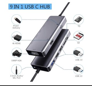Hub USB-C 9 en 1 con HDMI y VGA