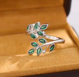 Anillo Plata S925 Hojas Verde Ajustable