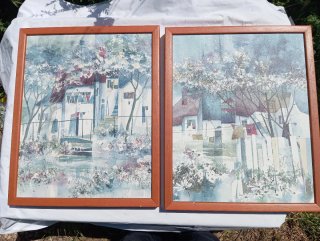 Confezione di 2 quadri vintage acquerello case di campagna