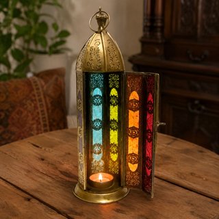 Farolillo porta velas metal y cristal de colores