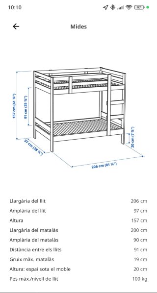 Litera IKEA madera, solo cama superior.