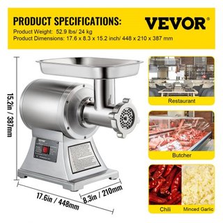 8500W Picadora de Carne Comercial de Acero Inoxidable 204.1 kg Cuchilla de Corte Placa Embutidora