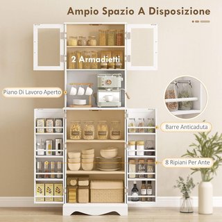Credenza da Cucina Alta 180Cm, Mobile Dispensa Con 8 Ripiani Sulla Porta, Foro per Cavi, Porte in Acrilico, Ripiani Regolabili, Tavolo per Microonde, Stile Rustico, per Soggiorno e Sala da Pranzo...