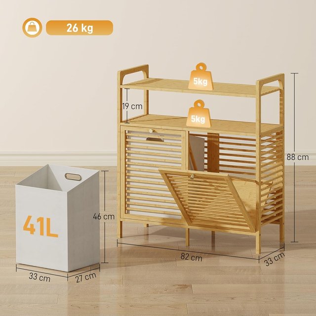 Mueble Portabienchería De Baño Con 2 Compartimentos Abatibles, 2X41L, Mueble De Ropa Sucia De Bambú Con Cestos Extraíbles Lavables Y 2 Estantes, Para Lavandería Y Baño, 82X33X88 Cm, Color Madera