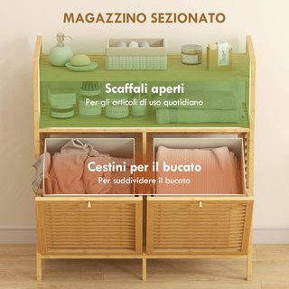 Mueble Portabienchería De Baño Con 2 Compartimentos Abatibles, 2X41L, Mueble De Ropa Sucia De Bambú Con Cestos Extraíbles Lavables Y 2 Estantes, Para Lavandería Y Baño, 82X33X88 Cm, Color Madera