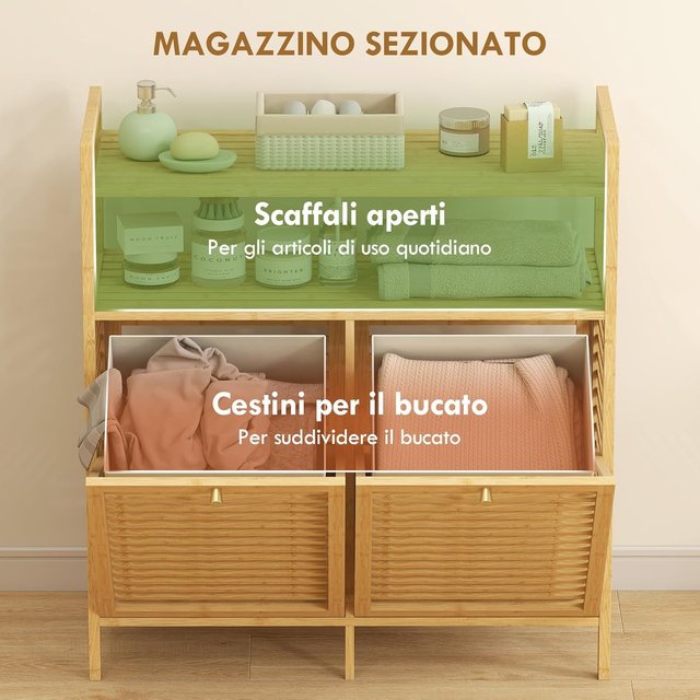 Mueble Portabienchería De Baño Con 2 Compartimentos Abatibles, 2X41L, Mueble De Ropa Sucia De Bambú Con Cestos Extraíbles Lavables Y 2 Estantes, Para Lavandería Y Baño, 82X33X88 Cm, Color Madera
