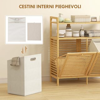 Mueble Portabienchería De Baño Con 2 Compartimentos Abatibles, 2X41L, Mueble De Ropa Sucia De Bambú Con Cestos Extraíbles Lavables Y 2 Estantes, Para Lavandería Y Baño, 82X33X88 Cm, Color Madera