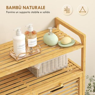 Mueble Portabienchería De Baño Con 2 Compartimentos Abatibles, 2X41L, Mueble De Ropa Sucia De Bambú Con Cestos Extraíbles Lavables Y 2 Estantes, Para Lavandería Y Baño, 82X33X88 Cm, Color Madera