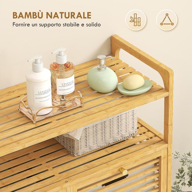 Mueble Portabienchería De Baño Con 2 Compartimentos Abatibles, 2X41L, Mueble De Ropa Sucia De Bambú Con Cestos Extraíbles Lavables Y 2 Estantes, Para Lavandería Y Baño, 82X33X88 Cm, Color Madera