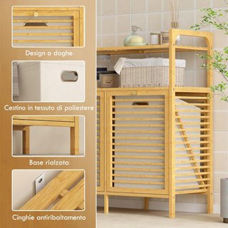 Mueble Portabienchería De Baño Con 2 Compartimentos Abatibles, 2X41L, Mueble De Ropa Sucia De Bambú Con Cestos Extraíbles Lavables Y 2 Estantes, Para Lavandería Y Baño, 82X33X88 Cm, Color Madera