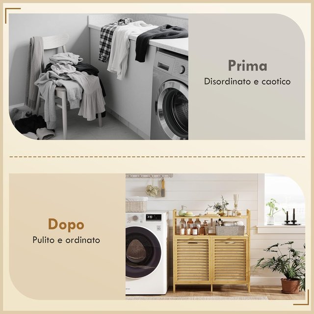 Mueble Portabienchería De Baño Con 2 Compartimentos Abatibles, 2X41L, Mueble De Ropa Sucia De Bambú Con Cestos Extraíbles Lavables Y 2 Estantes, Para Lavandería Y Baño, 82X33X88 Cm, Color Madera