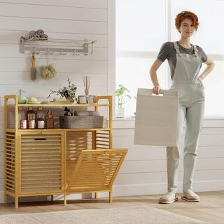 Mueble Portabienchería De Baño Con 2 Compartimentos Abatibles, 2X41L, Mueble De Ropa Sucia De Bambú Con Cestos Extraíbles Lavables Y 2 Estantes, Para Lavandería Y Baño, 82X33X88 Cm, Color Madera