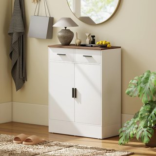 Credenza da Cucina con 2 Cassetti e Armadio a 2 Ante, Mobile Moderno con Ripiano Regolabile, Credenza Buffet per Soggiorno, Sala da Pranzo e Salone, 68.6X35X90.3 Cm, Bianco e Marrone
