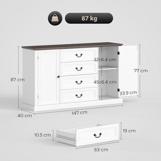 Credenza da Cucina, Mobile con 4 Cassetti Chiusura Soft, Piano Resistente, Credenza Buffet con Ripiani Regolabili, Stile Rustico, per Soggiorno, Sala da Pranzo, 147X40X87 Cm, Bianco