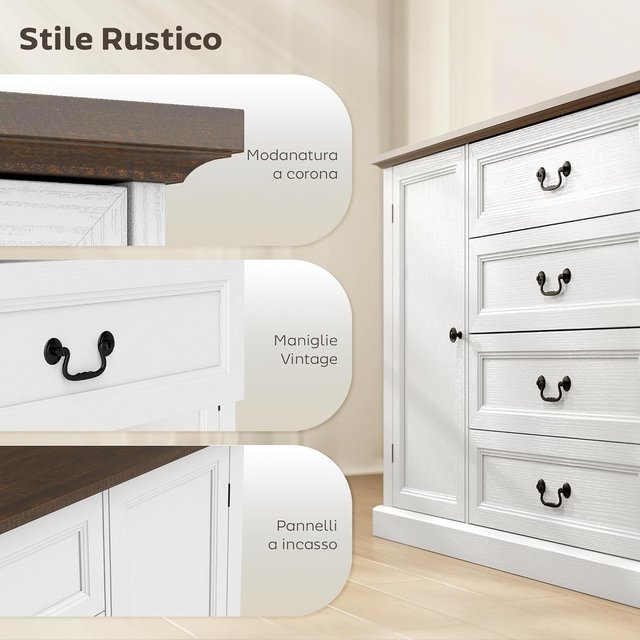 Credenza de Cocina, Mueble de Cocina con 4 Cajones Soft Close, Tablero Grueso, Credenza Buffet con Estantes Regulables, Estilo Rústico, para Sala de Estar, Comedor, 147X40X87 Cm, Blanco