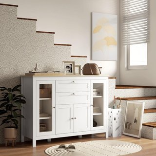 Credenza Cucina, Mobile Cucina Con 2 Cassetti, 3 Armadi, Superficie in Gomma, Credenza Buffet Con Porte in Vetro, Ripiani Regolabili, per Soggiorno e Sala da Pranzo, 120X40X90Cm, Bianco