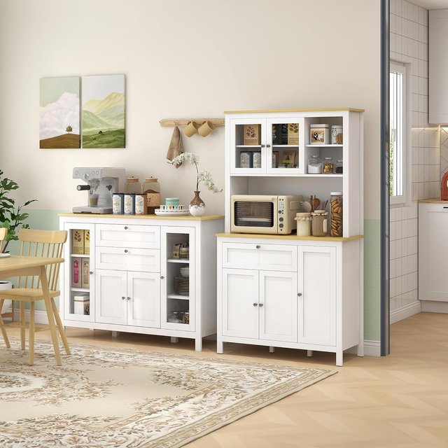 Credenza Cocina, Mueble Cocina Con 2 Cajones, 3 Armarios, Superficie de Caucho, Credenza Buffet Con Puertas de Vidrio, Estantes Regulables, para Sala de Estar Comedor, 120X40X90Cm, Blanco