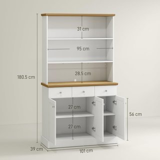 Credenza da Cucina con 3 Ripiani Aperti, 3 Cassetti e 2 Armadi, Mobile Dispensa Stretto in Legno, per Soggiorno, Sala da Pranzo, 101X39X180.5 Cm, Bianco