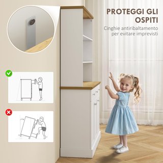 Credenza da Cucina con 3 Ripiani Aperti, 3 Cassetti e 2 Armadi, Mobile Dispensa Stretto in Legno, per Soggiorno, Sala da Pranzo, 101X39X180.5 Cm, Bianco