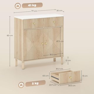 Credenza da Cucina con 2 Cassetti Silenziosi e Superficie Effetto Marmo, Mobile da Cucina con Armadio e Ripiano Regolabile, Credenza da Soggiorno per Sala da Pranzo, 77X30X80Cm, Rovere