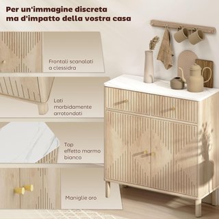 Credenza da Cucina con 2 Cassetti Silenziosi e Superficie Effetto Marmo, Mobile da Cucina con Armadio e Ripiano Regolabile, Credenza da Soggiorno per Sala da Pranzo, 77X30X80Cm, Rovere