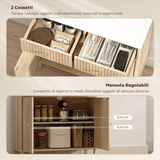 Credenza da Cucina con 2 Cassetti Silenziosi e Superficie Effetto Marmo, Mobile da Cucina con Armadio e Ripiano Regolabile, Credenza da Soggiorno per Sala da Pranzo, 77X30X80Cm, Rovere
