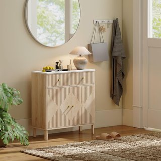 Credenza da Cucina con 2 Cassetti Silenziosi e Superficie Effetto Marmo, Mobile da Cucina con Armadio e Ripiano Regolabile, Credenza da Soggiorno per Sala da Pranzo, 77X30X80Cm, Rovere