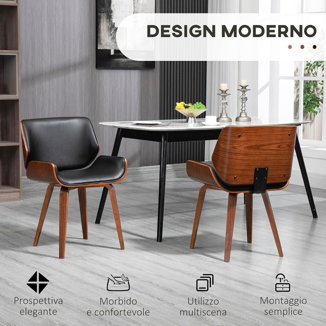 Juego de 2 Sillas de Comedor en Piel Sintética con Respaldo, Patas de Madera de Álamo, Silla para Cocina, Sala de Estar, Dormitorio, Oficina, Estilo Retro, Estilo Vintage, Negro