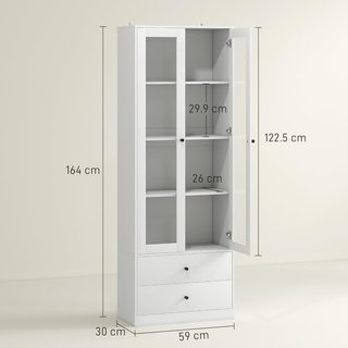 Credenza da Cucina Multiuso Con Armadio e 2 Cassetti Mobile per Soggiorno e Salone Con Porte in Vetro Con Cerniere di Chiusura Morbida e Ripiani Regolabili 59X30X164 Cm Bianco