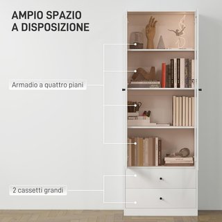 Credenza da Cucina Multiuso Con Armadio e 2 Cassetti Mobile per Soggiorno e Salone Con Porte in Vetro Con Cerniere di Chiusura Morbida e Ripiani Regolabili 59X30X164 Cm Bianco