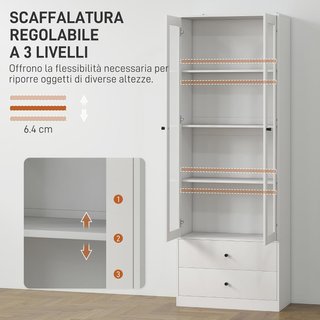 Credenza da Cucina Multiuso Con Armadio e 2 Cassetti Mobile per Soggiorno e Salone Con Porte in Vetro Con Cerniere di Chiusura Morbida e Ripiani Regolabili 59X30X164 Cm Bianco