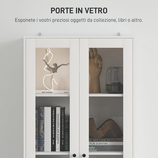 Credenza da Cucina Multiuso Con Armadio e 2 Cassetti Mobile per Soggiorno e Salone Con Porte in Vetro Con Cerniere di Chiusura Morbida e Ripiani Regolabili 59X30X164 Cm Bianco
