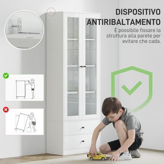 Credenza da Cucina Multiuso Con Armadio e 2 Cassetti Mobile per Soggiorno e Salone Con Porte in Vetro Con Cerniere di Chiusura Morbida e Ripiani Regolabili 59X30X164 Cm Bianco
