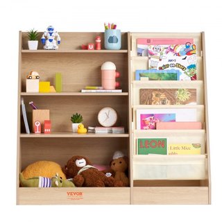 Estantería de Madera para Niños de 4 Niveles, Librero de Tela de Seis Capas, Rack de Almacenamiento para Libros de Bebés, Armario Organizador de Libros y Juguetes, para Habitación Infantil, Sala d...