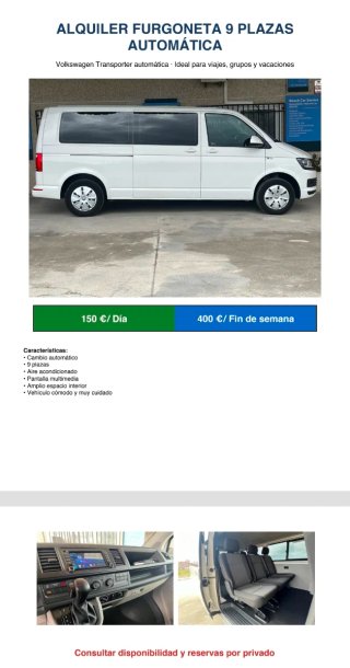 Alquiler vw transporter 9 plazas automática