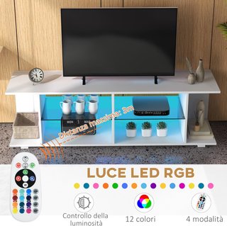 Mobile TV 60 Pollici Max con Luci a 12 Colori e 2 Ripiani Regolabili, Mobile Porta TV Moderno in Truciolato e Vetro, 144.8X40X45 Cm, Bianco
