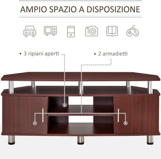 Mobile TV Classico da Salotto con 2 Ripiani e 2 Armadi, in MDF e Acciaio Inox, Marrone, 120X39.5X52Cm