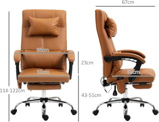 Silla de Oficina Ergonómica con Masaje y Calefacción, Silla de Escritorio Reclinable con Respaldo Alto y Reposapiés, de Piel PU para Ordenador, Marrón Claro