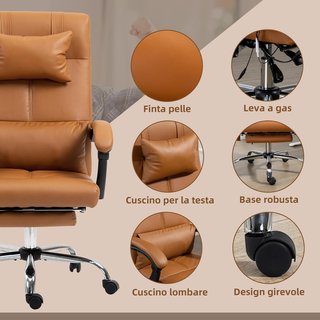 Silla de Oficina Ergonómica con Masaje y Calefacción, Silla de Escritorio Reclinable con Respaldo Alto y Reposapiés, de Piel PU para Ordenador, Marrón Claro