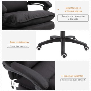 Silla De Oficina Ajustable Con 6 Puntos De Masaje Y Control Remoto, Silla Ergonómica De Tela Efecto Lino, 70X62X120-130 Cm, Negro