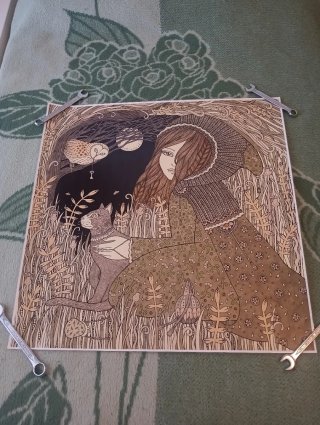 Póster chica, gato, lechuza y luna llena