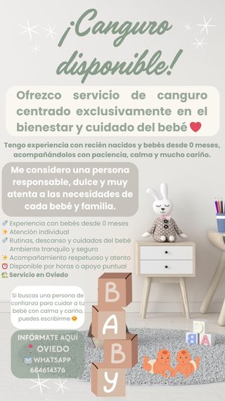 Canguro experta en bebés de 0 a 12 meses, cariñosa