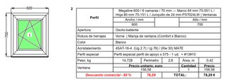 Ventana Oscilobatiente PVC 600x700 mm Cristal Mate